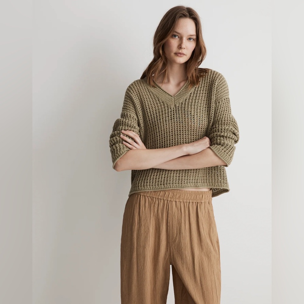 Madewell Open-Stitch V-Neck Pullover Sweater, Large